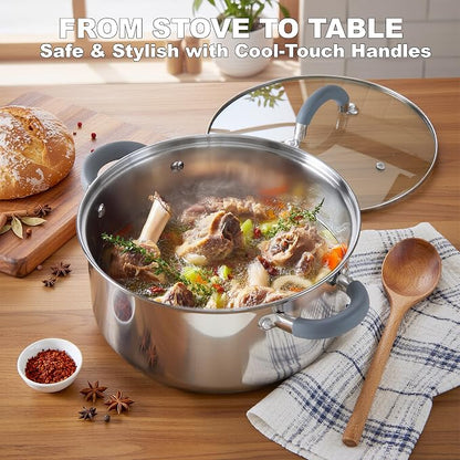 Cook N Home Basics 3 Quart Stainless Steel Stock Pot with Lid, Cooking Pot for Pasta, Soup, Stay-Cool Silicone Handle, Stockpot with Even Heating, Oven Safe, Cookware for Canning, Boiling, Simmer