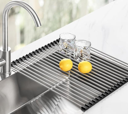 Tomorotec 17.7" x 15.5" Roll Up Dish Drying Rack Over Sink Drying Rack Sink Cover Kitchen Sink Accessories Gadget Multipurpose Organizer Foldable Stainless Steel Drainer
