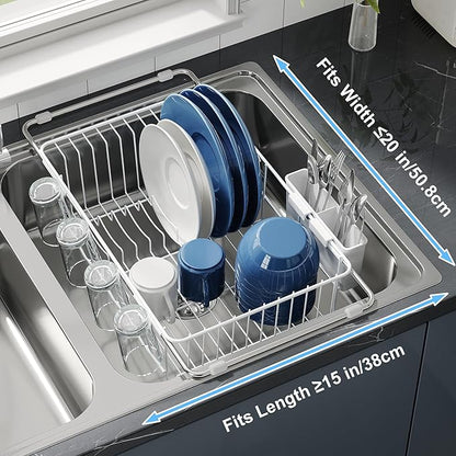 JASIWAY Dish Drying Rack in Sink, Small Dish Drainers for Inside Sink, Over The Sink Dish Racks, Stainless Steel Drying Rack with Utensil Holder, White