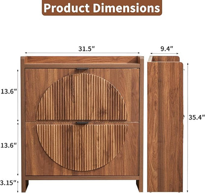 Narrow Shoe Cabinet with 2 Flip Drawers for Entryway,Wood Slim Shoe Rack Cabinet, Freestanding Hidden Shoe Storage Organizer, Space-Saving, Round Fluted Pattern for Hallway,Living Room (Walnut)