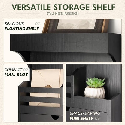 Rebee Vision Modern Key Holder Wall Mount with Drawer Organizer - Pine Wood Mail and Key Organizer with 6 Keys Hooks and Floating Wall Shelf - Stylish Home Decor for Apartment (Black)