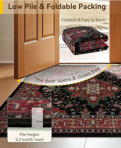 RELEANY Area Rugs 3'x5' Washable Non-Slip, Floral Vintage Distress Medallion Carpet for Living Room Bedroom Dining Room, Red Black