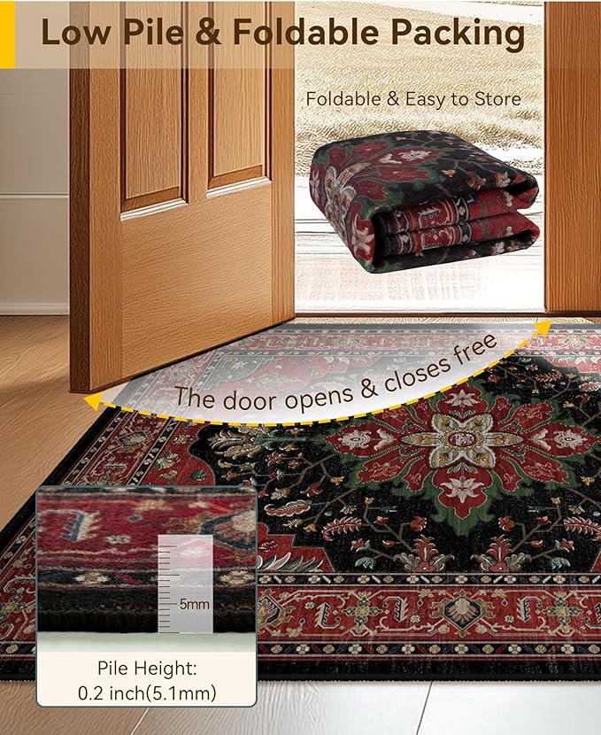 RELEANY Area Rugs 5'x7' Washable Non-Slip, Floral Vintage Distress Medallion Carpet for Living Room Bedroom Dining Room, Red Black