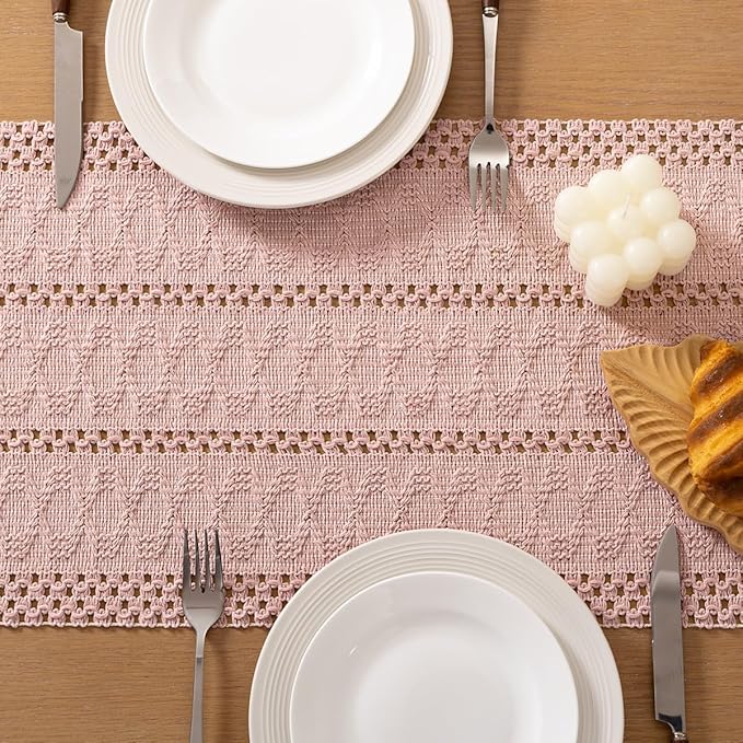 Socomi Boho Table Runner Valentine's Day Farmhouse Rustic Dining Kitchen Centerpiece Decor Long Macrame Woven Cotton Linen Coffee Table Runner for Dresser Scarf Home Decor Pink 12" x 108"