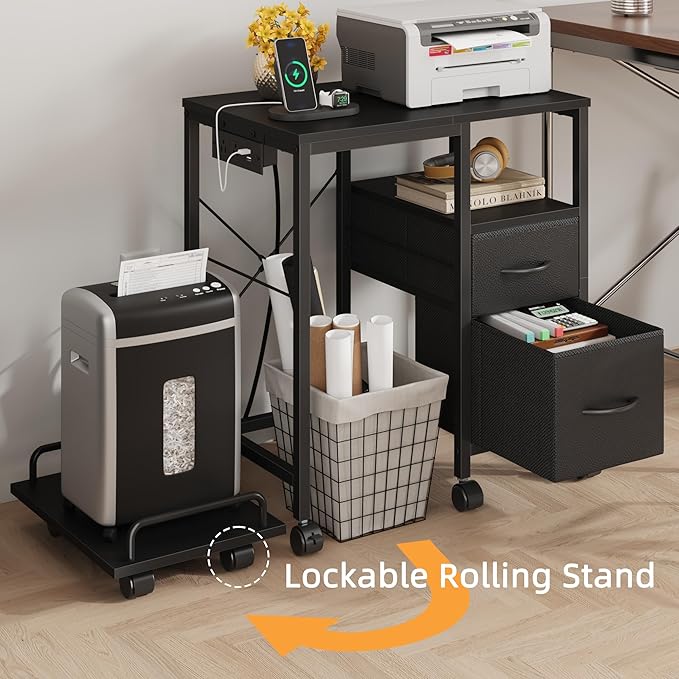 YAOHUOO Printer Stand with Power Outlet/Fabric Drawers, Printer Cabinet with Storage Shelf and Rolling Shredder Stand, Printer Table for Home Office, 22.8"×15" Black