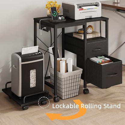 YAOHUOO Printer Stand with Power Outlet/Fabric Drawers, Printer Cabinet with Storage Shelf and Rolling Shredder Stand, Printer Table for Home Office, 22.8"×15" Black