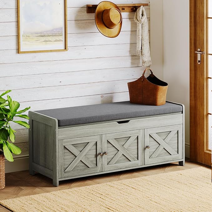 Pipishell Shoe Storage Bench, 2-Tier Shoe Bench with Cushioned Seat, Entryway Bench with Adjustable Shelf & Barn Doors, 300 lbs Capacity, 39.4" x 15" x 18", for Entryway, Bedroom, Living Room, Gray