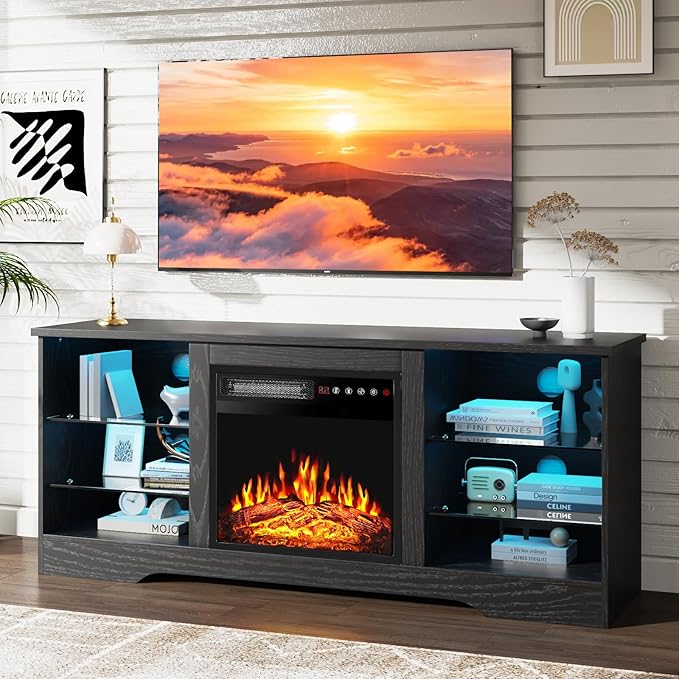 PRETZI Fireplace TV Stand with 18" Fireplace Up to 65" TVs, 58" Entertainment Center with LED Lights, TV Media Console with Adjustable Glass Shelves and Storage Cabinets for Living Room, Black
