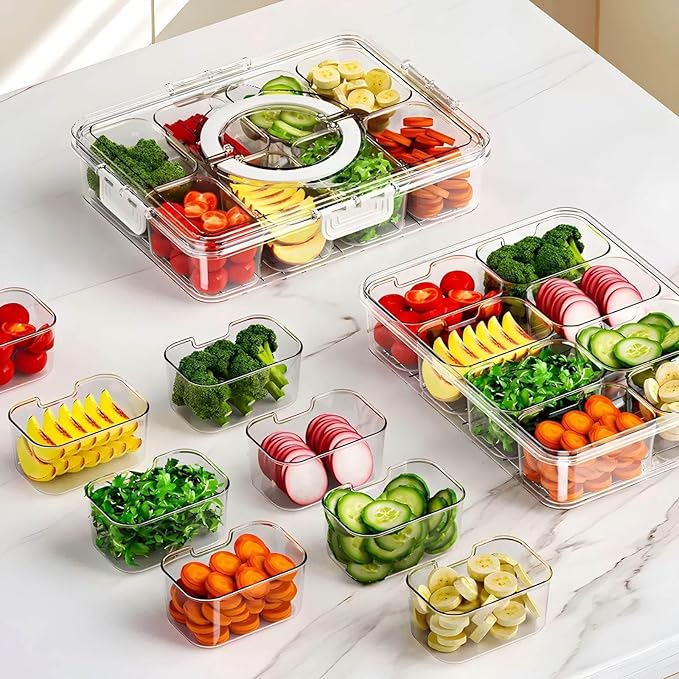 Snackle Box Container, 12.6 * 9.65 * 3.54” with 8 Independent compartments with Lids for lunch/Snack/Fruit/Veggie Storage, Organizers for Pantry/Refrigerator/Closet/kitchen