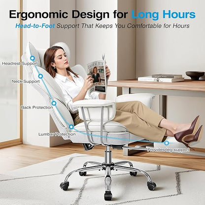 Office Chair Comfy, Big and Tall Executive Leather Chair, High Back Ergonomic Wide Chair with Footrest, Reclining Computer Desk Chair, Heavy Duty Gaming Chair with Padded Arm and Pillow, White