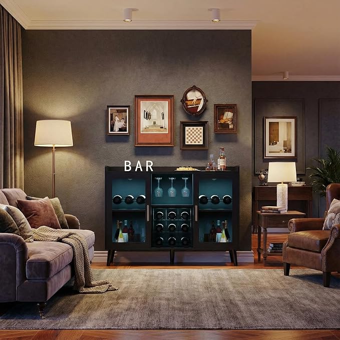 Garvee Modern Wine Bar Cabinet with LED Light, Wood Kitchen Coffee Bar Home Liquor Cabinets with Glass Holder, Doors and Wine Racks Buffet Sideboard with Storage for Living Room