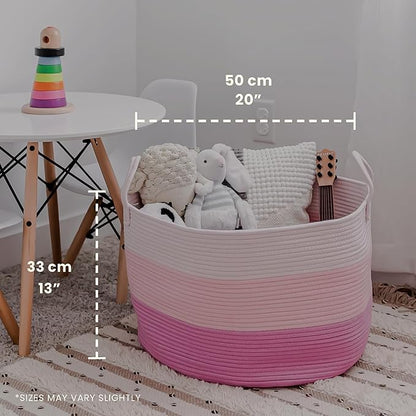 OrganiHaus Large Woven Storage Basket for Blankets and Toys 20" x 13" Inch, Rope Laundry Basket with Handles, Cushions & Pillows Storage Bin, Nursery Hamper, Soft Round Dog Toy Bin - Pink