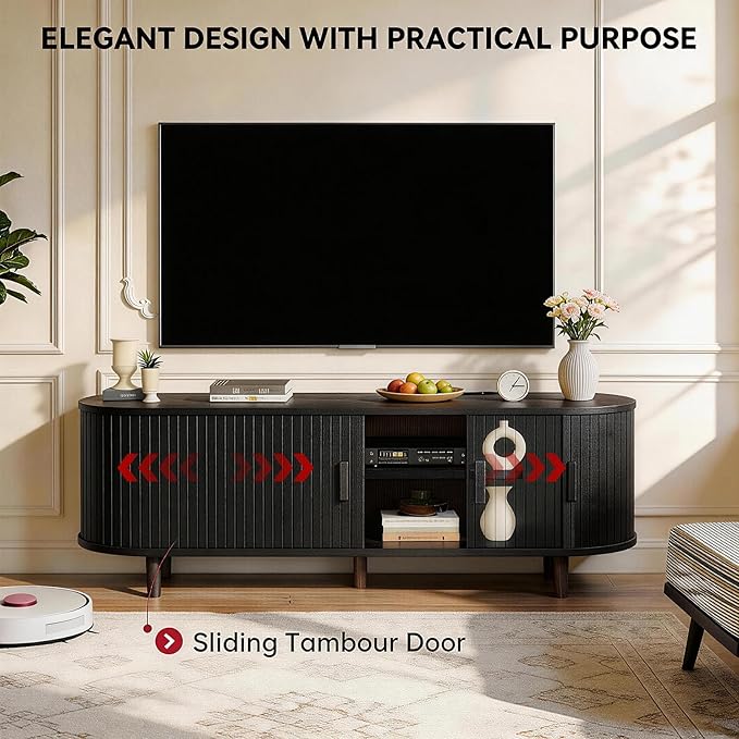 65" Mid Century Modern TV Stand with Power Outlet, Fluted Entertainment Center with Storage and Adjustable Shelves, Wood TV Console with Sliding Doors for Living Room, Black