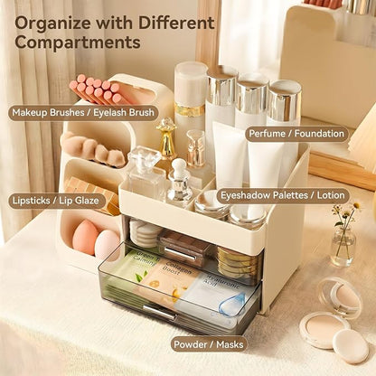 Brothersbox Makeup Organizer with Brush Holder for Vanity, Large Countertop Skincare Storage with 2 Drawers, Holds Lipsticks, Nail Polishes, Perfumes, Brushes - Gift for Women, Cream