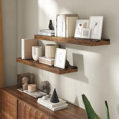 36 Inch Floating Shelves for Wall, 8 Inch Deep Floating Shelf for Storage & Display, Wall Mounted Shelf with Invisible Brackets for Living Room, Kitchen, Bathroom, Home Decor, Set of 2, Rustic Brown