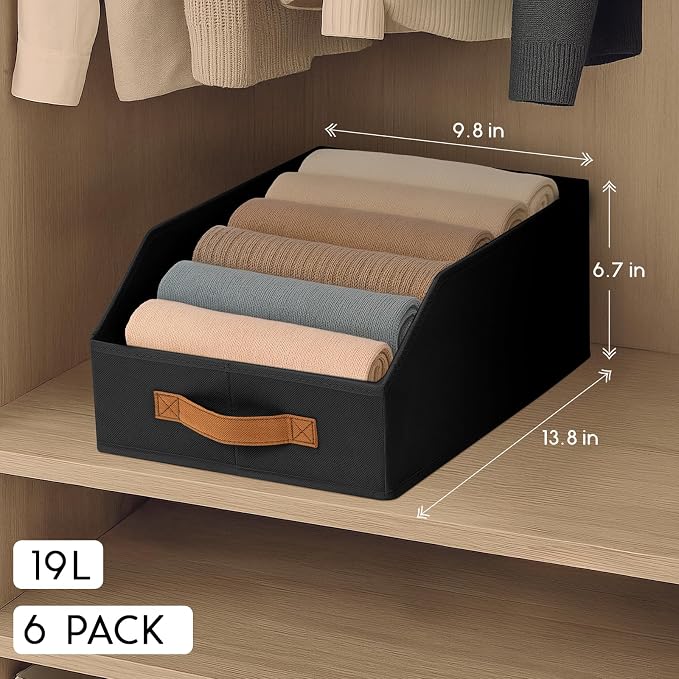 Homsorout Fabric Storage Bins for Organizing - 6 Pack Large Trapezoid Collapsible Storage Bins with Front Handle, Closet Organizers and Storage for Bedroom, Home Shelves, Small Spaces, Black