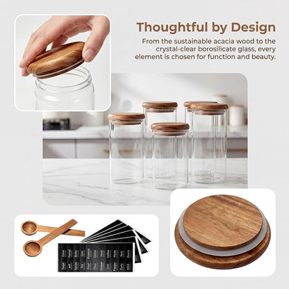 4-Pack 32 fl oz Wide Mouth Mason Jars with Spoon & Labels, Acacia Wood Lids, Press Seal, No Plastic, for Food, Snacks, Fruits, Coffee Beans, Spices & Dry Storage, Pantry Organizer.