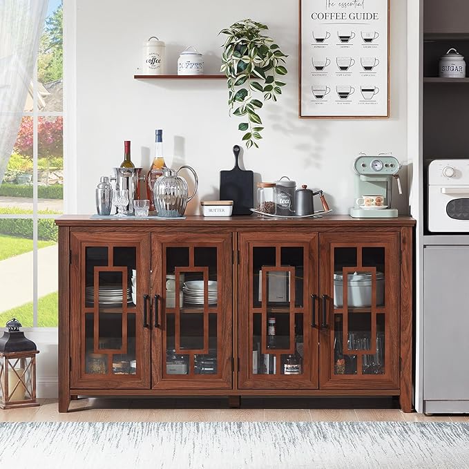 Large Sideboard Buffet Cabinet with Storage, 63" Farmhouse Brown Kitchen Coffee Wine Bar Cabinet with 4 Glass Doors, Wood Mid Century Modern Side Board Table for Dining Room, Living Room