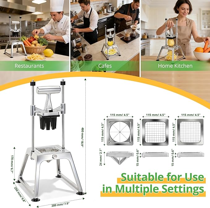 Commercial Vegetable Chopper & French Fry Cutter, Stainless Steel Manual Dicer, 3 Blades (1/4", 3/8", 8-Wedge), Suction Base, Fast Tomato Onion Potato Cutter for Restaurant & Home Kitchen