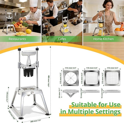 Commercial Vegetable Chopper & French Fry Cutter, Stainless Steel Manual Dicer, 3 Blades (1/4", 3/8", 8-Wedge), Suction Base, Fast Tomato Onion Potato Cutter for Restaurant & Home Kitchen