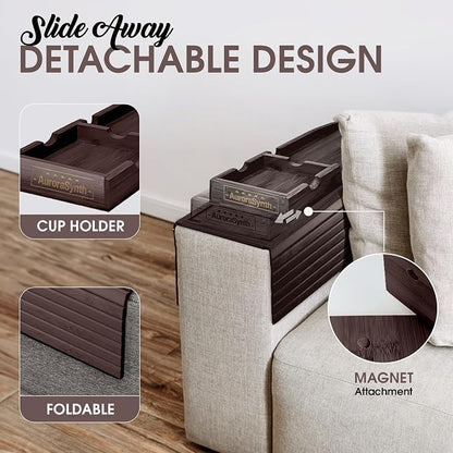 Couch Cup Holder Tray with 2 Cork Coasters, Couch Arm Tray, 2 in 1 Anti-Slip Foldable Sofa Arm Tray, Couch Armrest Table, Anti-Spill Couch Arm Table for Drinks TV Remote Cellphone Snacks (Walnut)