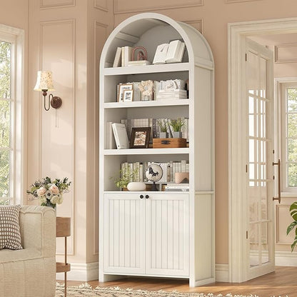 81" Tall Arched Cabinets,Bookcase with storage,Mid-Century Modern 6-Tier Bookshelf with Door,2 Book Risers and Adjustable Shelves give more storage space for Living Room,Home Office Antique White