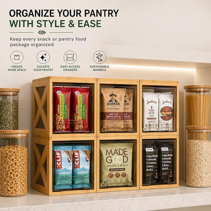 Stackable Bamboo Snack Drawer Organizer (2 Pack) – Pull-Out Storage Bins with Clear Acrylic Drawers – Pantry Storage for Snacks, Coffee Pods, Spices & K-Cups