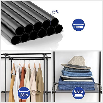 Portable Closet, Wardrobe Closet with 10 Storage Shelves and 2 Hanging Rods, Non-Woven Fabric Cover, 52.4 x 18.1 x 66.6 Inches Closet Organizer for Bedroom, Gray