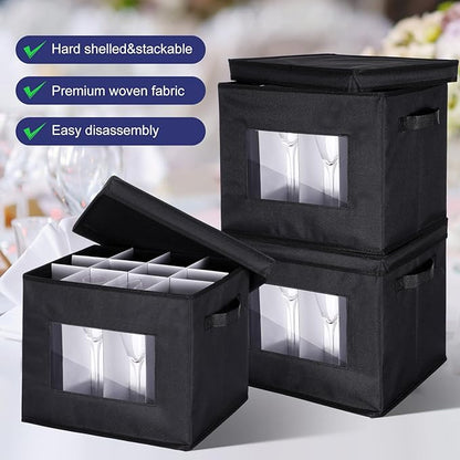 Uiifan 4 Pcs Champagne Flute Storage Box with Dividers 12 Compartment Stemware Storage Cases China Container Box with Lid, Handles, PVC Window for Moving, Black