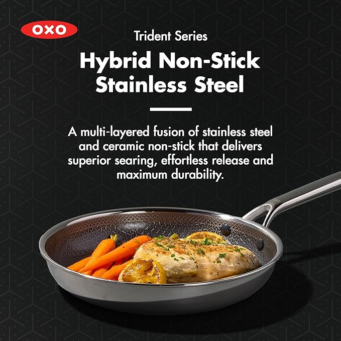 OXO Hybrid 10” Nonstick Stainless Steel Frying Pan, Durable PFAS-Free Ceramic Skillet, Stay-Cool Handle, Induction & All Cooktop Compatible, Dishwasher Safe, Mirror Polished Tri-Ply