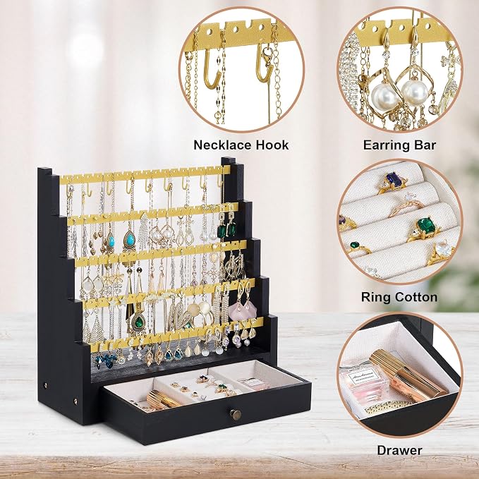 Pinzoveco Earring Organizer, 5 Layer Earring Holder Organizer with Metal Necklace Holder Pole, Rustic Wood Jewelry Organizer Stand Display for Stud Earring Bracelet Necklace Ring, 175 Earring Holes