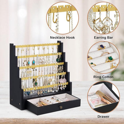 Pinzoveco Earring Organizer, 5 Layer Earring Holder Organizer with Metal Necklace Holder Pole, Rustic Wood Jewelry Organizer Stand Display for Stud Earring Bracelet Necklace Ring, 175 Earring Holes