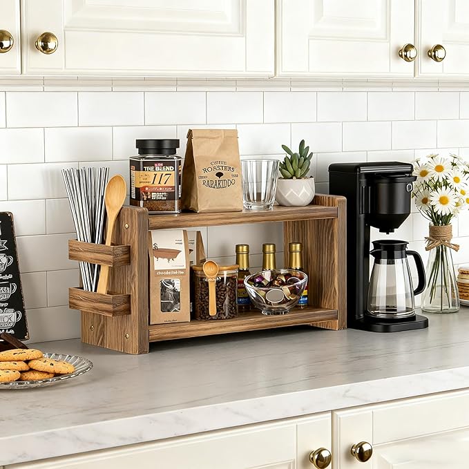 Solid Wood Coffee and Matcha Station Organizer - Farmhouse 2 Tier Shelf with Straw Holder for Matcha, Pods, Sugar, Tea, Cups, Stirrers, Mugs Storage for Home Kitchen Countertop
