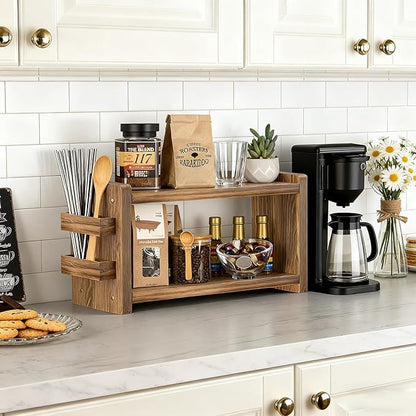 Solid Wood Coffee and Matcha Station Organizer - Farmhouse 2 Tier Shelf with Straw Holder for Matcha, Pods, Sugar, Tea, Cups, Stirrers, Mugs Storage for Home Kitchen Countertop