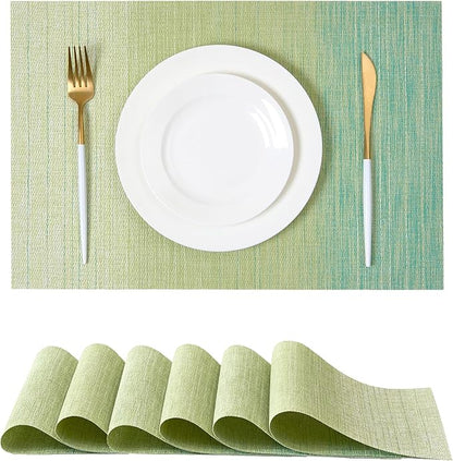 Leetaltree Gradient Green Woven Placemats Set of 6 - Heat Resistant Non-Slip Place mats for Dining Table, Washable Durable PVC Vinyl Woven Table Mats(Gradient Green, 6)