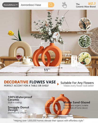 Set of 2 Orange Ceramic Vases for Home Decor Accents - Unique Hollow Donut Artistic Design Mid-Century Modern Eclectic Fall Style Decorative Vases for Shelf, Mantel, Entryway Table Decor(Matte Orange)