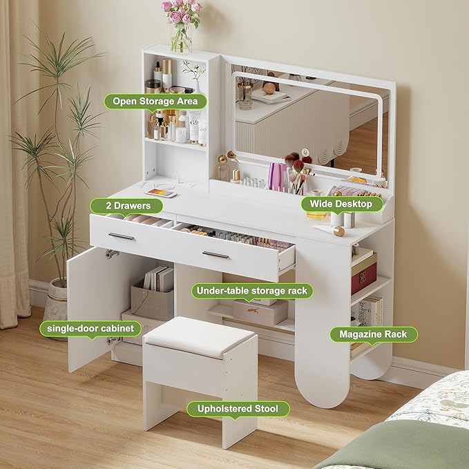 GOODONE 47'' Wood Vanity Desk with Mirror and Lights, Makeup Girls Vanity Set with 2 Drawers, 2 Storage Shelves & 1 Cabinet, Power Outlet, Stool, Dressing Table for Bedroom, White