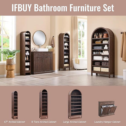 67" Tall Arched Bathroom Storage Cabinet, 8-Tier Modern Farmhouse Storage Cabinet with Adjustable Shelves, Wood Freestanding Cabinet for Bathroom, Living Room, Entryway, Hallway (Brown)