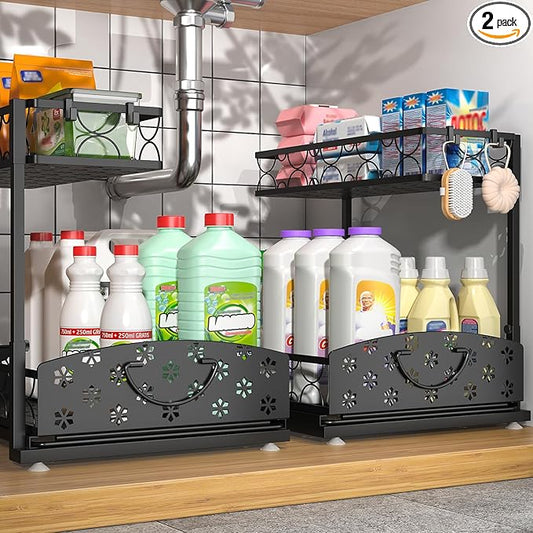 Sevenblue 2 Packs Under Sink Organizer, Height Adjustable 2 Tier Under Kitchen Sink Organizer, Multi-Purpose Storage Shelf for Kitchen Bathroom Cabinet (Metal, Extra Large)