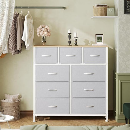 OLIXIS 9 Drawer Storage Dresser with Wood Top - Wide Fabric Chest Organizer for Bedroom, Closet, Living Room,Tower Cabinet, TV Stand, Hallway Entryway Furniture,Light Grey
