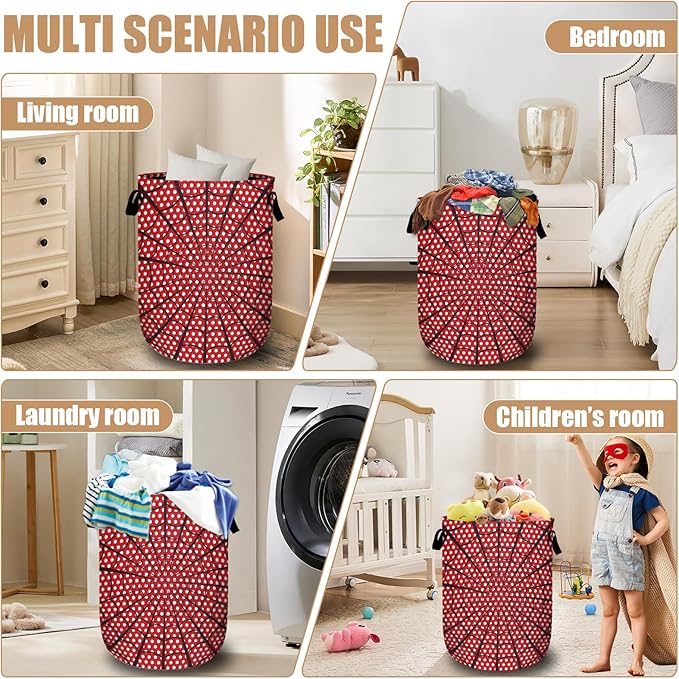 Red Spider Web Laundry Basket, Foldable Waterproof Halloween Laundry Hamper Tote Bag Dirty Clothes Storage Bucket Toy Organizer for Bathroom/Laundry/Bedroom 15.7"x19.6"