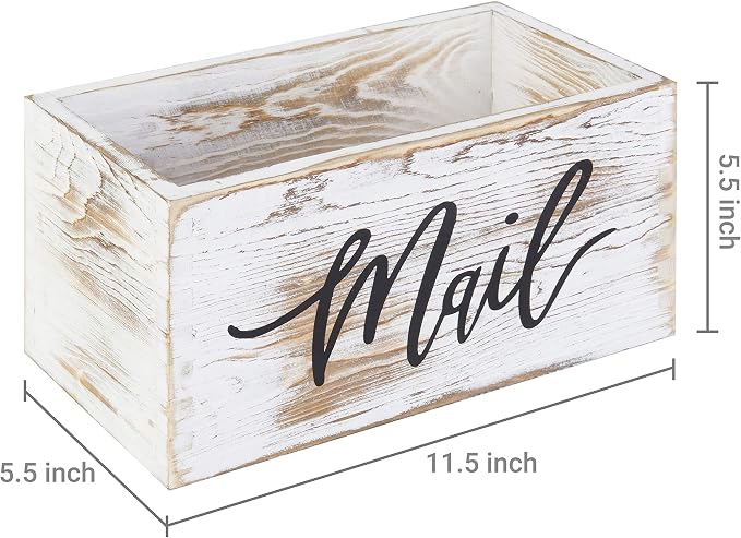 MyGift Mail Holder Storage Organizer Box Whitewashed Wood with MAIL Script Design, Desktop Letters, Bills, Notes and Postcard Bin for Home Office Dorm Room
