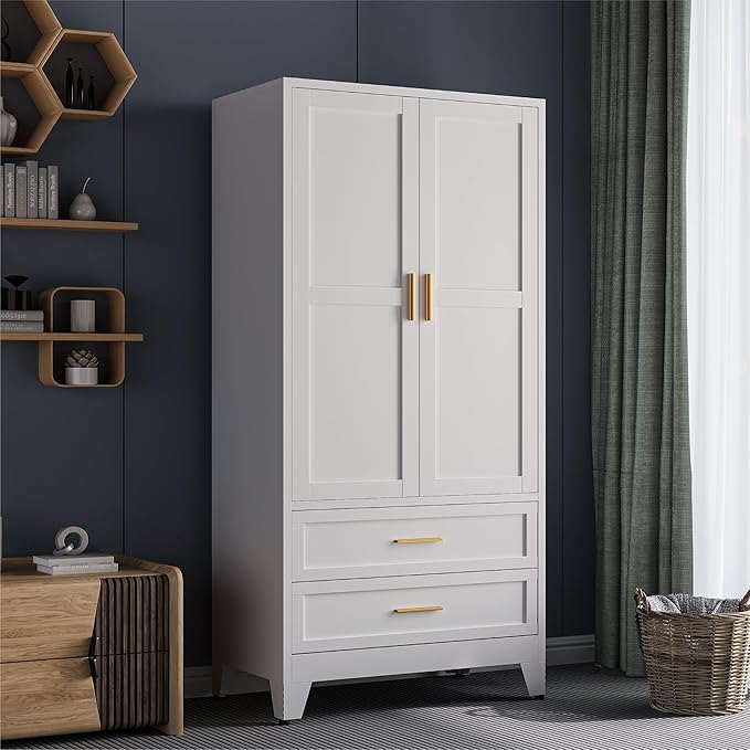 COFaR 71" Metal Wardrobe Closet with 2 Drawers & Hanging Rod, Freestanding Armoire Storage Cabinet with Adjustable Shelf and 2 Doors, White Steel Closet Organizer for Bedroom
