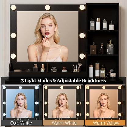 Black Makeup Vanity with Mirror and Lights, 34'' Wide Dressing Table with Charging Station & RGB Glass Cabinet, Small Vanity Desk with 3 Color Lighting Modes & Adjustable Brightness