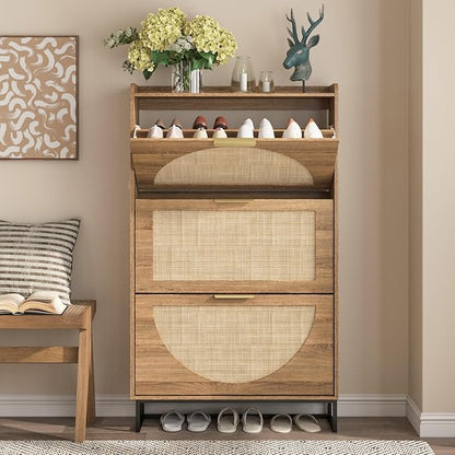 Maupvit Rattan Shoe Storage Cabinet with 3 Flip Drawers, Freestanding Shoe Organizer with Metal Legs for Entryway, Hidden Golden Handles, Narrow Shoe Rack Cabinet, Rustic Oak Rattan