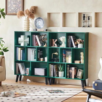 LEYAOYAO Cube Bookshelf 3 Tier Mid-Century Dark Green Modern Bookcase with Legs,Retro Wood Bookshelves Storage Organizer Shelf,Freestanding Open Book Shelves for Bedroom,Living Room,Office