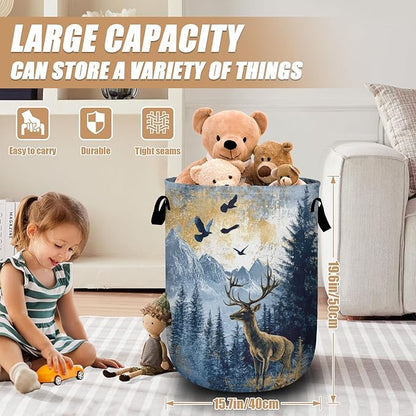 Misty Forest Deer Laundry Basket, Foldable Waterproof Laundry Hamper Tote Bag Dirty Clothes Storage Bucket Toy Organizer for Bathroom/Laundry/Bedroom 15.7"x19.6"