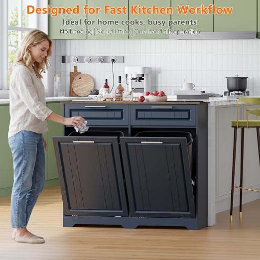 Double 10 Gallon Tilt Out Trash Can Cabinet with Deodorizing Function and Power Outlet, Wooden Hidden Garbage Can Holder with 2 Storage Drawers for Kitchen, Laundry Hamper Cabinet for Bathroom, Blue