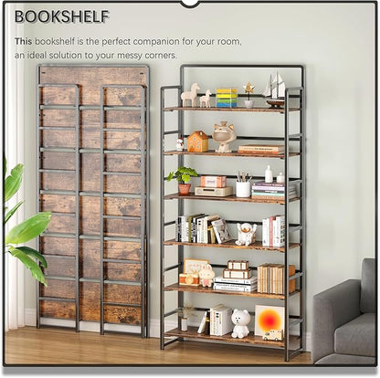 4NM No Assembly Extra Wide 6 Tiers Folding Bookshelf Storage Shelves Vintage Bookcase Standing Racks Study Organizer Home Office (Rustic Brown Black)