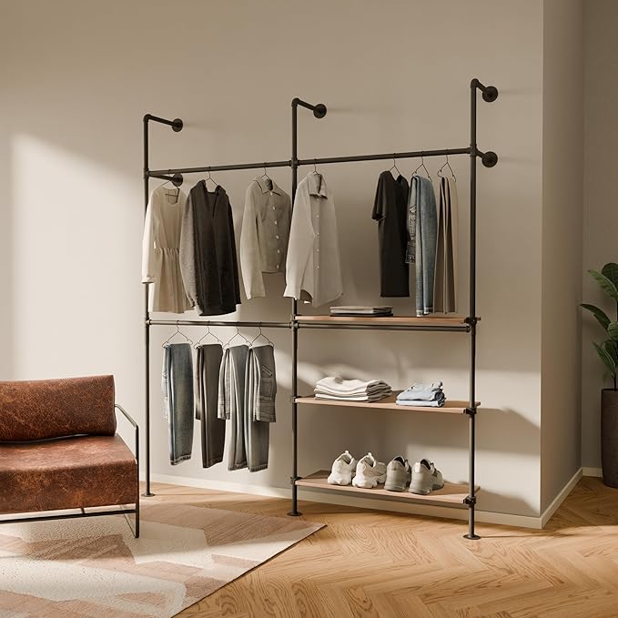 pamo Industrial Pipe Clothing Rack with Shelf – Wall Mounted Black Closet System in Powder-Coated Steel – 79.13" W × 87.4" H – Easy Setup – Ideal for Walk-In Closets & Retail Use